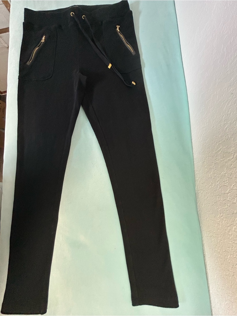 Kensie Black Slim Drawstring Jogger Pants with Gold Zippers
